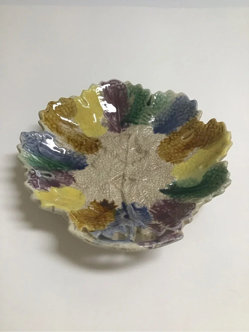 Antique Majolica Leaf Plate 1880's ? Morley & Co. Wellsville OH  7x7” Colorful